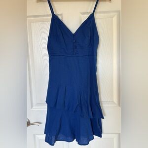 Lulu's Blue Strappy Linen Mini Dress for Cocktail